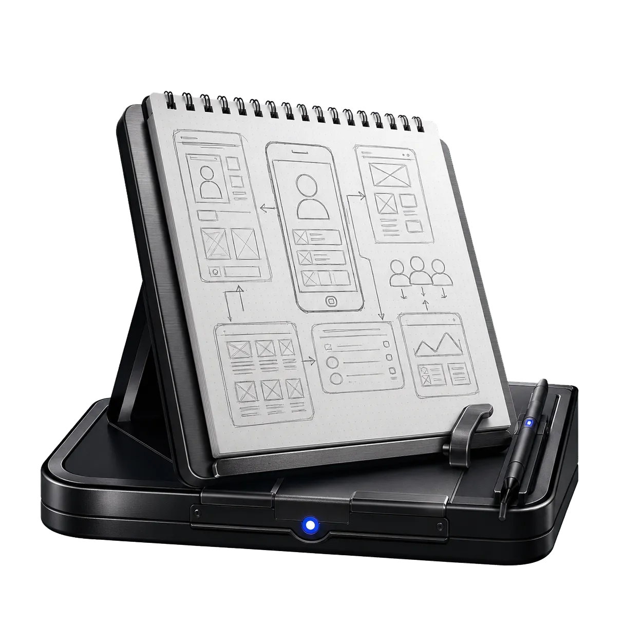 Sketchbook with screen wireframes on a stand