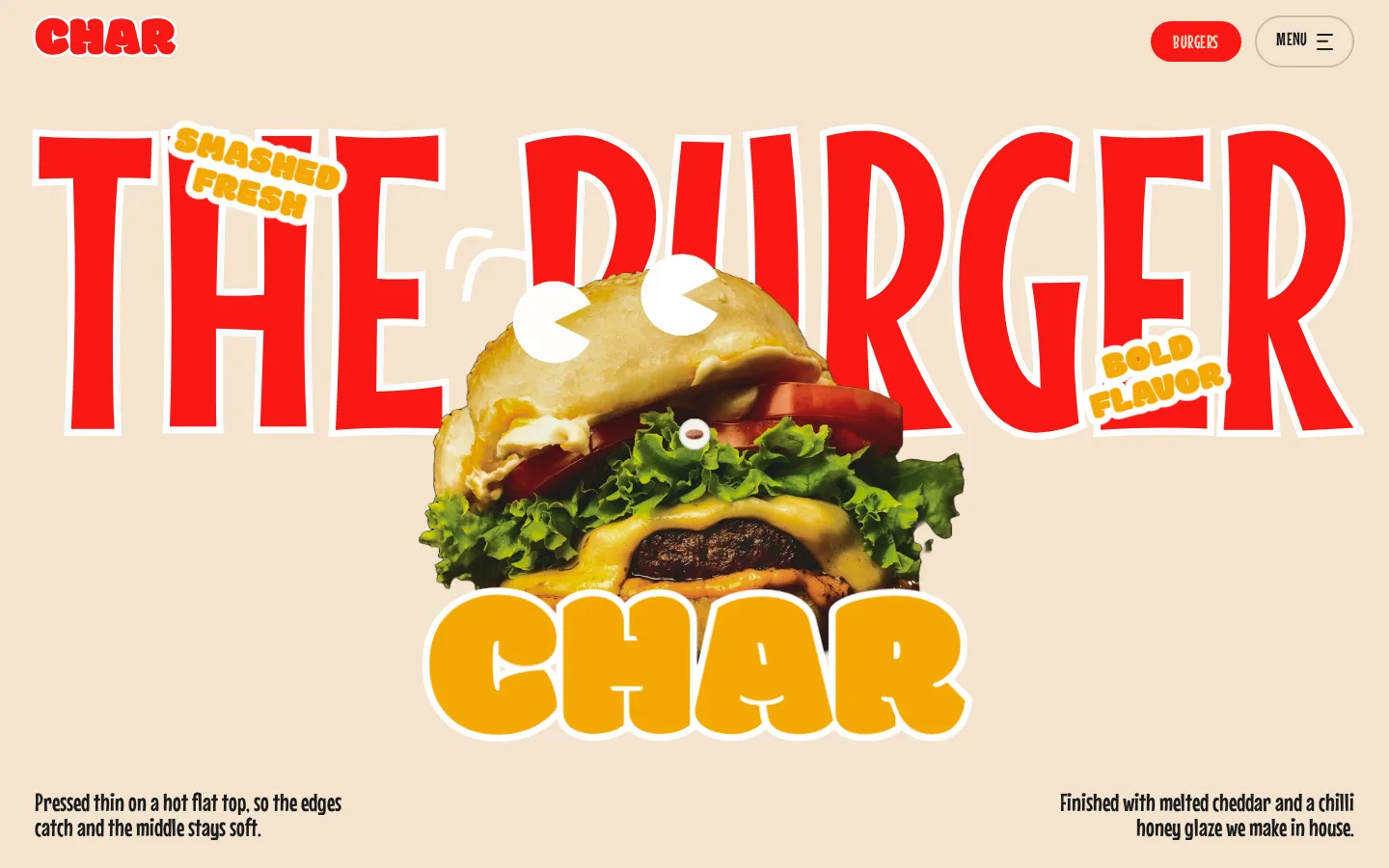 CHAR home with large burger headline and brand navigation