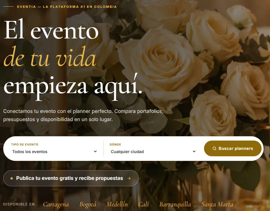 Eventia home page presenting its marketplace for finding event professionals in Colombia