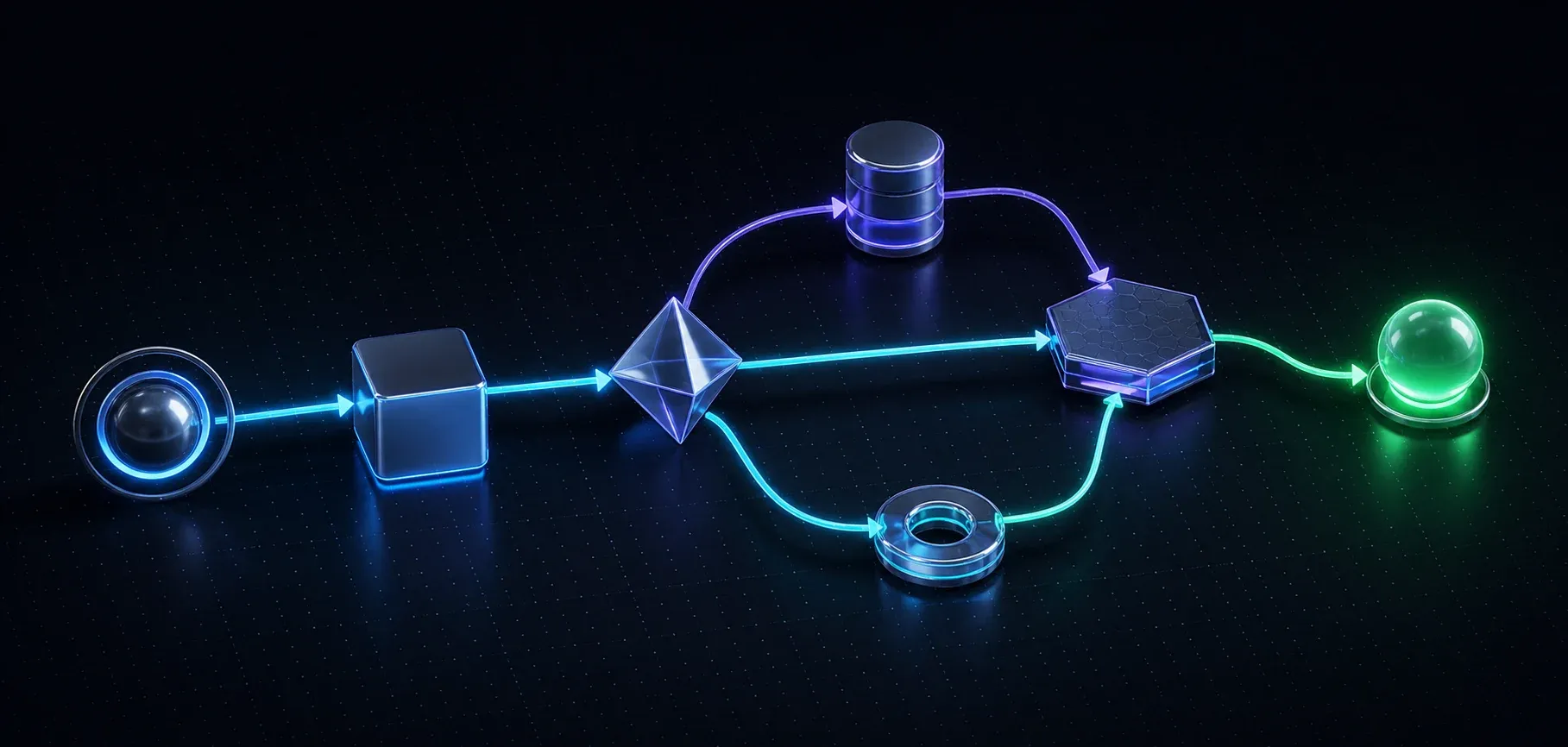 FlowVerse 3D visual process graph with illuminated execution paths