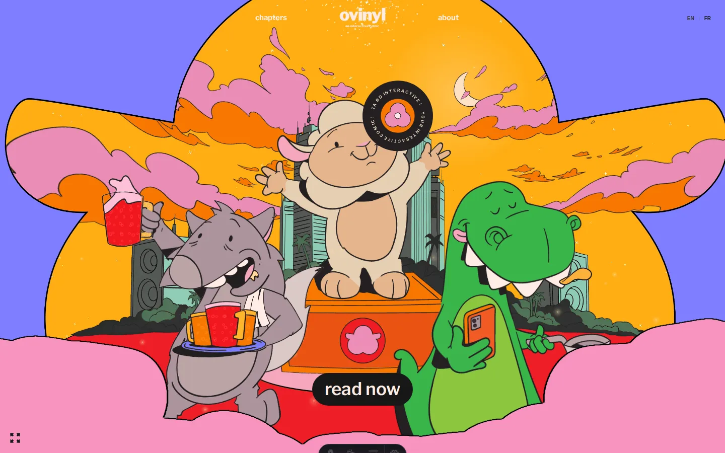 Ovinyl home with illustrated characters and a read-now call to action