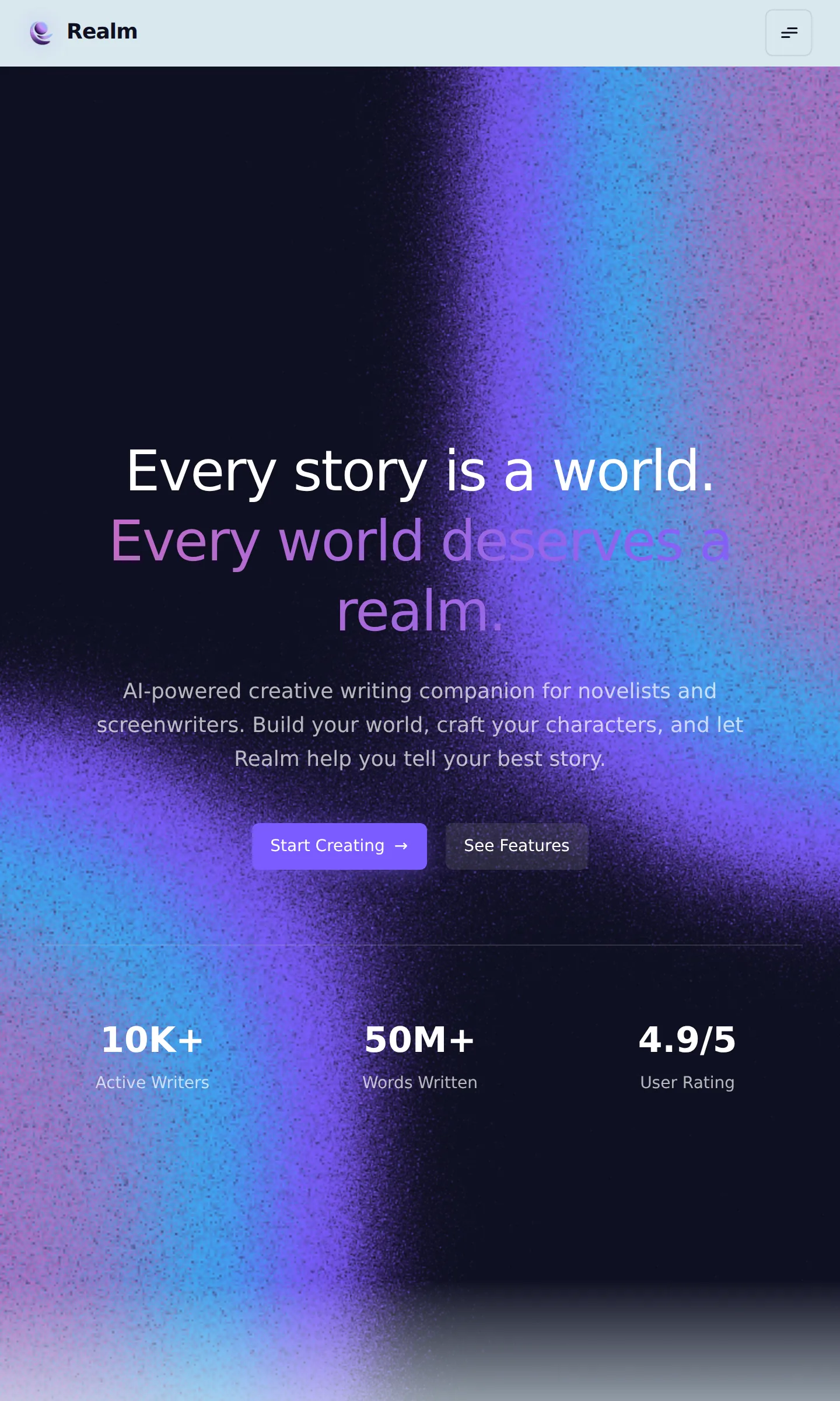 Realm landing page for an AI-assisted creative writing workspace
