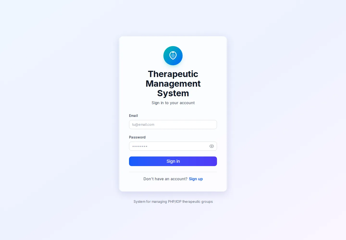 Terap-ia clinical management system sign-in screen