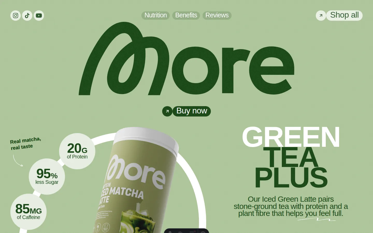 Verdant product page for an iced green tea latte with protein