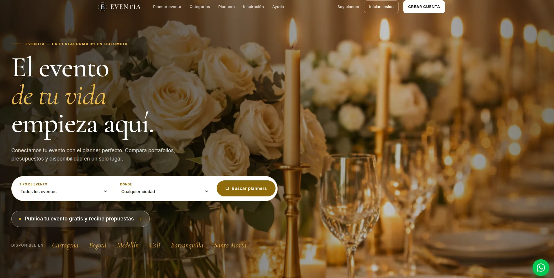 Eventia home page presenting its marketplace for finding event professionals in Colombia