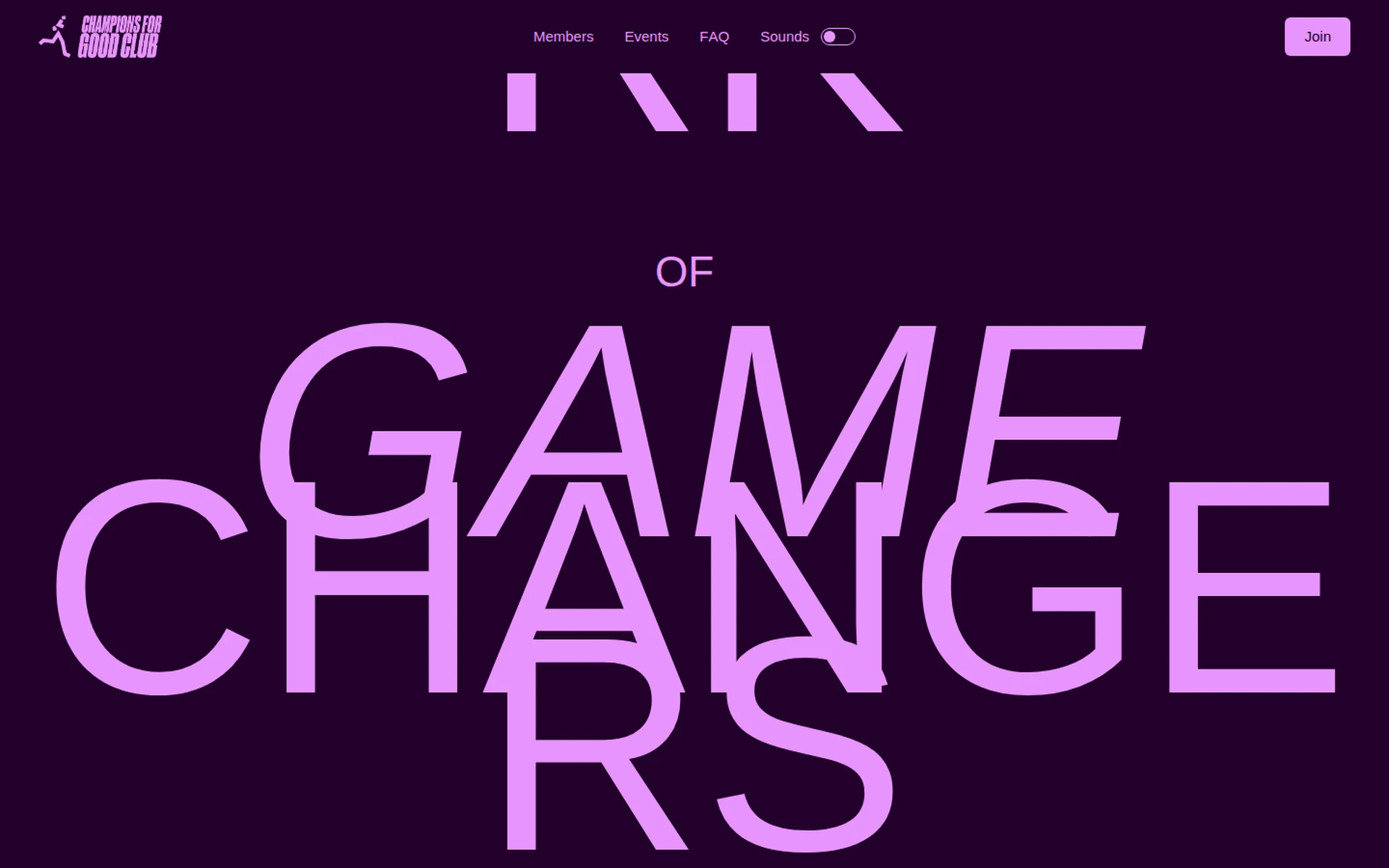 Kindred club home page with large editorial typography on a dark field